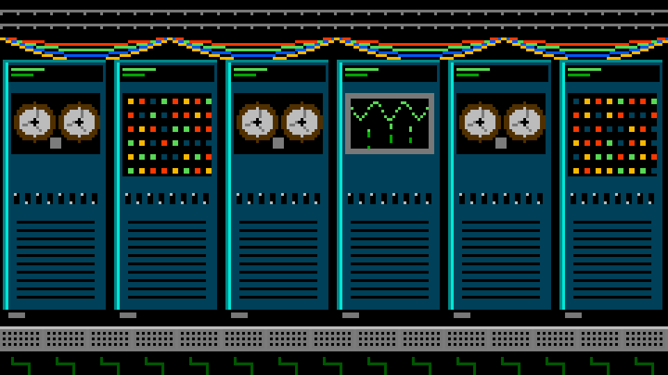 A wall of retro mainframe cabinets with reel-to-reel tape drives, blinking lights and an oscilloscope display.