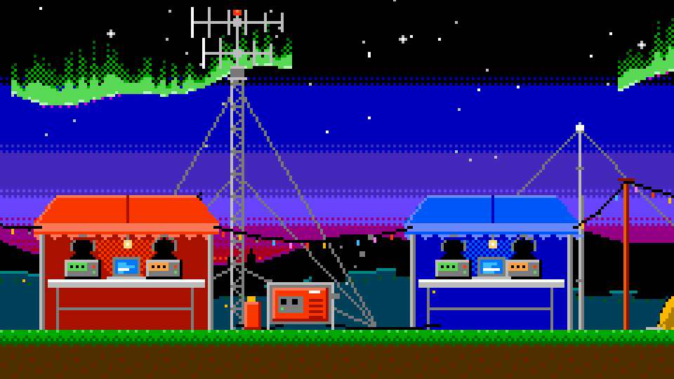 Two canopy tents under a guyed tower with a Yagi antenna, operators at radios, a generator, string lights, and an aurora in the night sky.