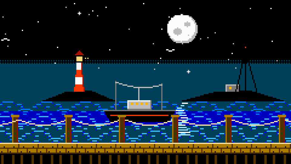 A night sea scene with a striped lighthouse, a radio ship with a wire antenna, a full moon, and a wooden pier in the foreground.