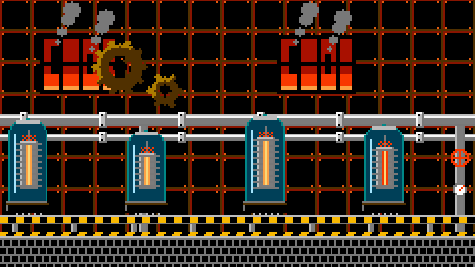 An industrial interior with glowing vacuum tubes in glass housings, pipes, gears, and smokestacks.
