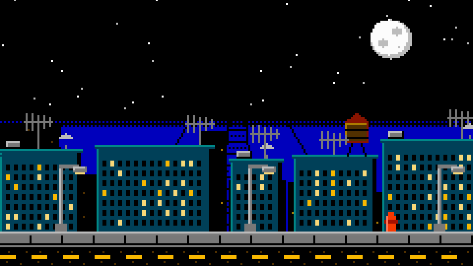 A night city skyline with lit windows and Yagi antennas on every rooftop under a full moon.